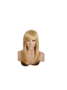 Ombre Blonde Wig with Chocolate Brown Ends Shag Style Long  layered Heat Resistant Synthetic Wig with Bangs and Skin Top Part