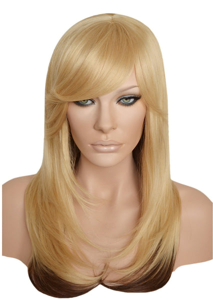 Ombre Blonde Wig with Chocolate Brown Ends Shag Style Long  layered Heat Resistant Synthetic Wig with Bangs and Skin Top Part