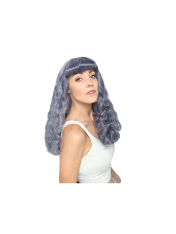 Lavender Purple Grey  Pin-up Wig with Bangs, 29” Black Synthetic Wig with Long Curls Pin Curled Bangs