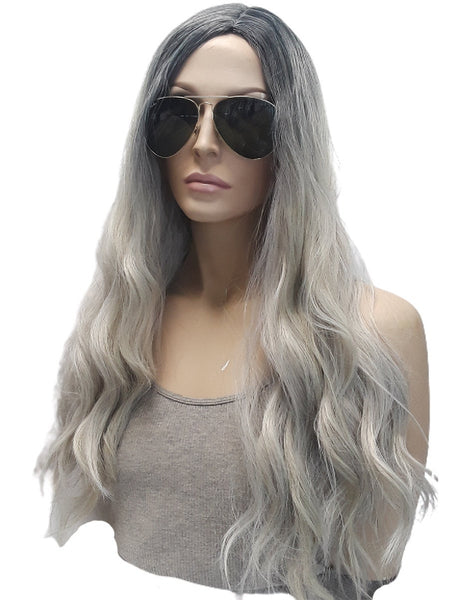 Curly Wavy Silver Blonde With Black Roots Wig, Extra Long Synthetic Realistic Heat Resistant Ombre Wig With Bangs, Women Everyday Hair Piece