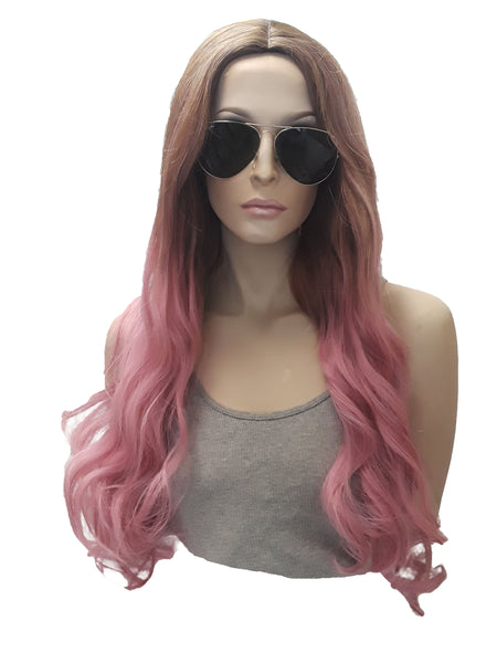 Cool Extra Long Pink with Dark Roots Synthetic Realistic Ombre Wig, Heat Resistant Beauty Salon Hair Piece Wig for Everyday Use for Women