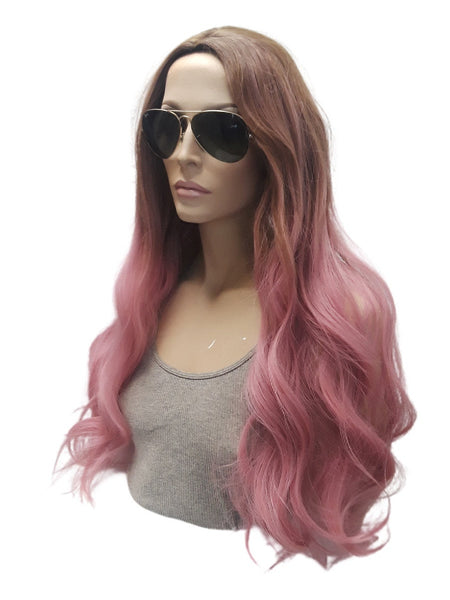 Cool Extra Long Pink with Dark Roots Synthetic Realistic Ombre Wig, Heat Resistant Beauty Salon Hair Piece Wig for Everyday Use for Women