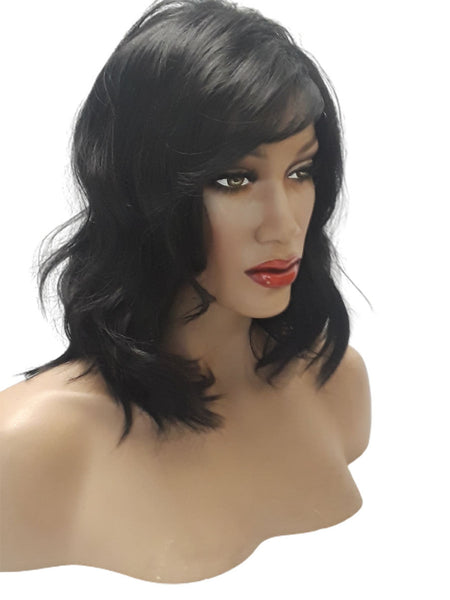 Curly Brown Black Side Swept Bangs Synthetic Bob Wig, Everyday Womens Wigs Natural Naughty Look Medium Size Dark Color Wig