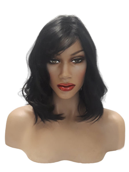 Curly Brown Black Side Swept Bangs Synthetic Bob Wig, Everyday Womens Wigs Natural Naughty Look Medium Size Dark Color Wig