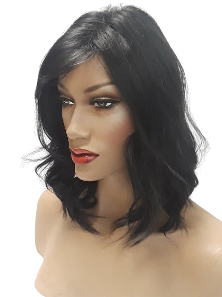 Curly Brown Black Side Swept Bangs Synthetic Bob Wig, Everyday Womens Wigs Natural Naughty Look Medium Size Dark Color Wig