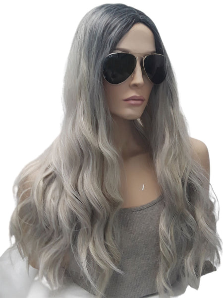 Curly Wavy Silver Blonde With Black Roots Wig, Extra Long Synthetic Realistic Heat Resistant Ombre Wig With Bangs, Women Everyday Hair Piece