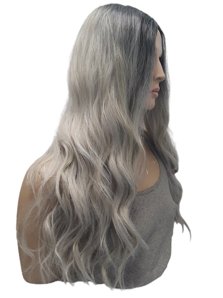 Curly Wavy Silver Blonde With Black Roots Wig, Extra Long Synthetic Realistic Heat Resistant Ombre Wig With Bangs, Women Everyday Hair Piece