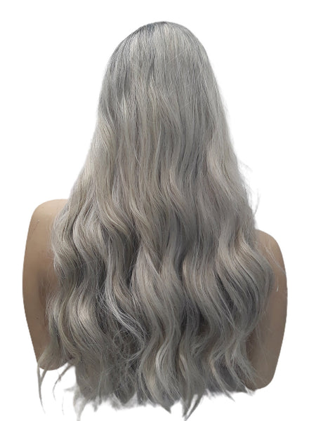 Curly Wavy Silver Blonde With Black Roots Wig, Extra Long Synthetic Realistic Heat Resistant Ombre Wig With Bangs, Women Everyday Hair Piece