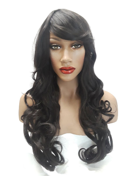 Curly Brown Black Synthetic Realistic Wigs for Women, Luxury Quality Premium Heat Resistant Beauty Salon Extra Long Wig Wavy Curls