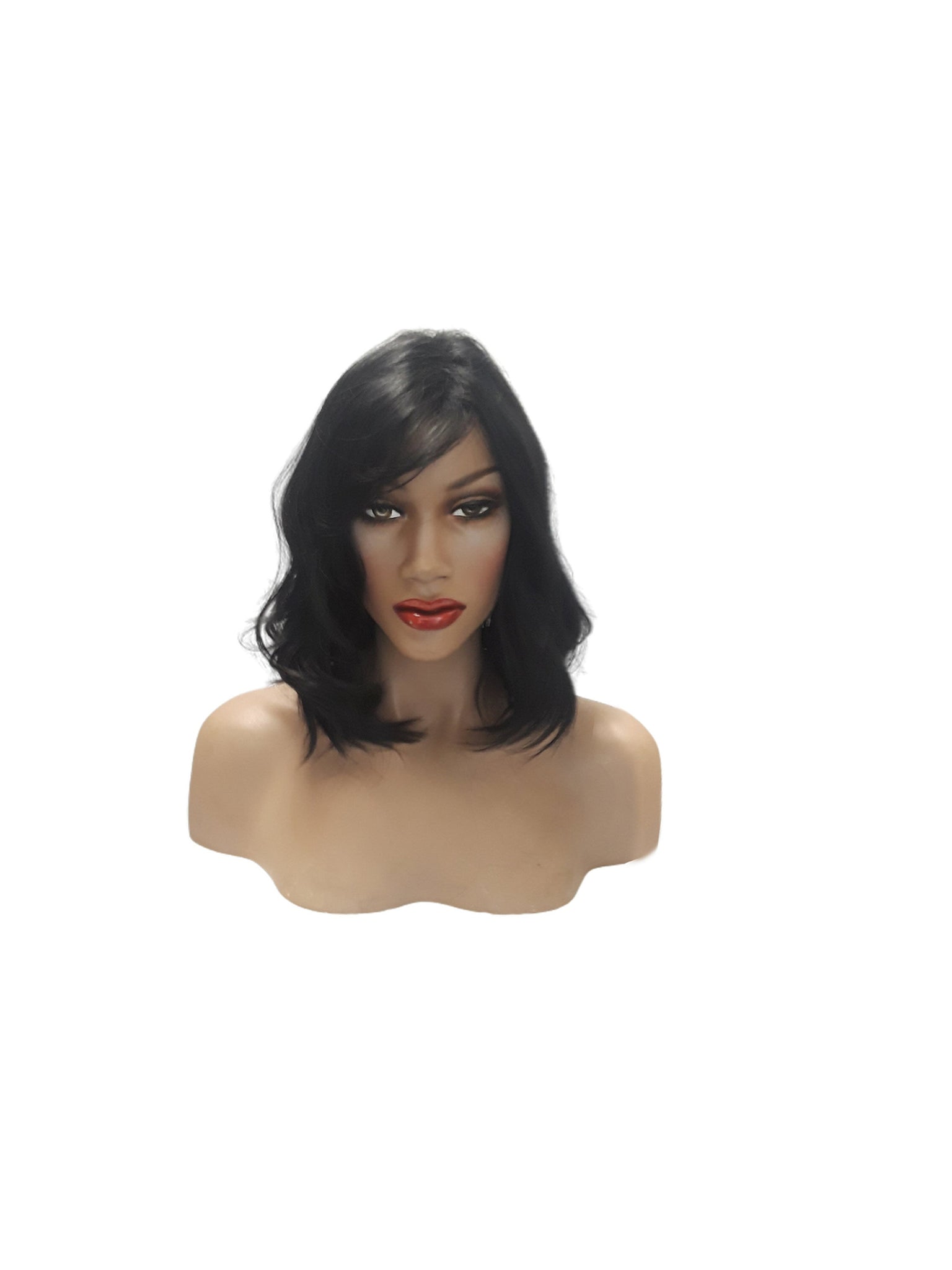 Curly Brown Black Side Swept Bangs Synthetic Bob Wig, Everyday Womens Wigs Natural Naughty Look Medium Size Dark Color Wig