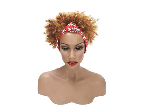 Headband afro wig Adjustable band Red Headwrap with Casual soft Light Brown Afro Synthetic wig. Daily wear Realistic Natural look