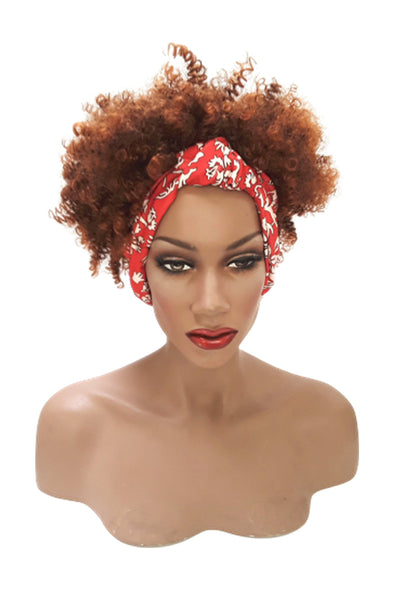 Headband afro wig Adjustable band Red Headwrap with Casual soft Light Brown Afro Synthetic wig. Daily wear Realistic Natural look