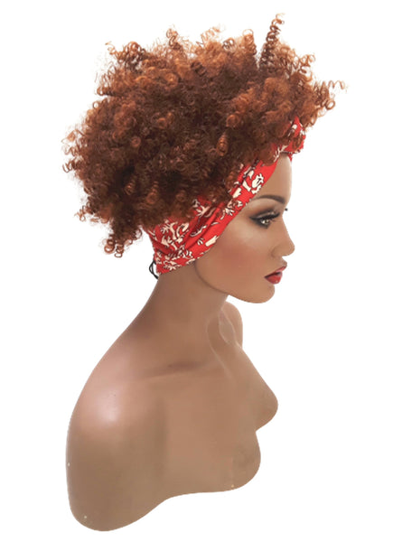 Headband afro wig Adjustable band Red Headwrap with Casual soft Light Brown Afro Synthetic wig. Daily wear Realistic Natural look