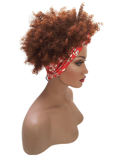 Headband afro wig Adjustable band Red Headwrap with Casual soft Light Brown Afro Synthetic wig. Daily wear Realistic Natural look