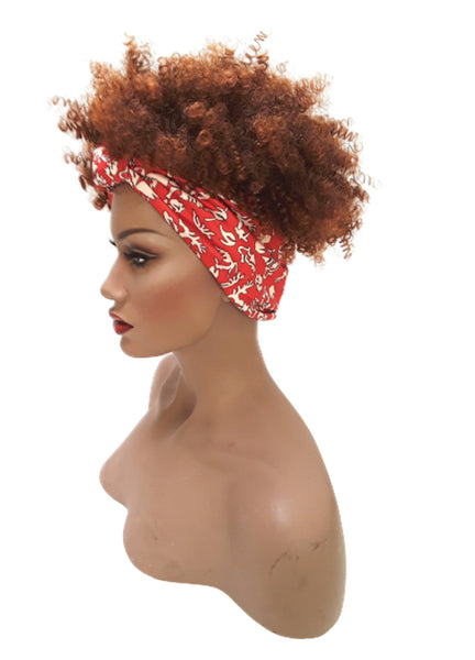 Headband afro wig Adjustable band Red Headwrap with Casual soft Light Brown Afro Synthetic wig. Daily wear Realistic Natural look