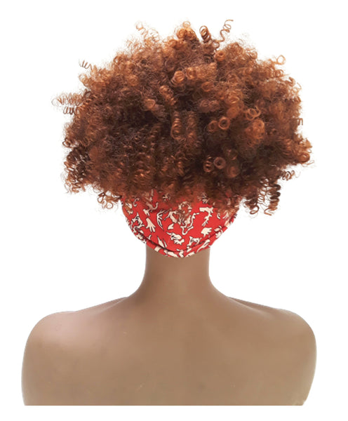 Headband afro wig Adjustable band Red Headwrap with Casual soft Light Brown Afro Synthetic wig. Daily wear Realistic Natural look