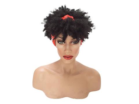 Headband afro wig Adjustable band Red Headwrap with Casual soft Black Afro Synthetic wig. Daily wear Realistic Natural look Wig.