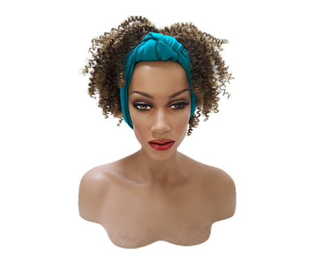 Headband afro wig Adjustable band Blue Headwrap with Casual soft brown Afro Synthetic wig. Daily wear Realistic Natural look