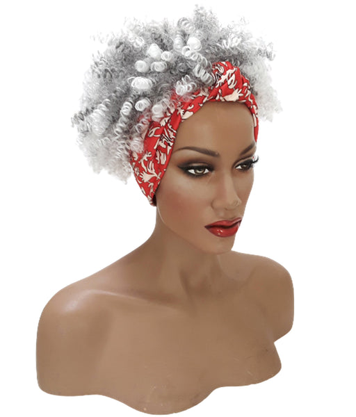 Headband afro wig Adjustable band Red Headwrap with Casual soft Light Salt Pepper Afro Synthetic wig Daily wear Realistic Wig