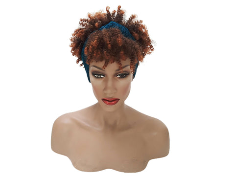 Headband afro wig Adjustable band Blue Headwrap with Casual soft Brown Afro Synthetic wig. Daily wear Realistic Natural look Wig