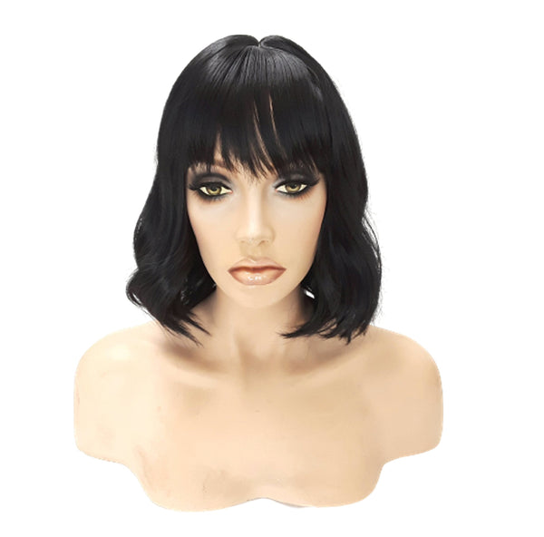 Black Synthetic Wavy Curly Bob Wig with skin top, Short Natural Look Realistic Black Wig, Beauty Luxury Wigs for Everyday Hair Accessories