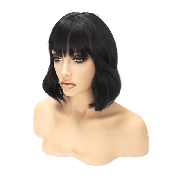 Black Synthetic Wavy Curly Bob Wig with skin top, Short Natural Look Realistic Black Wig, Beauty Luxury Wigs for Everyday Hair Accessories