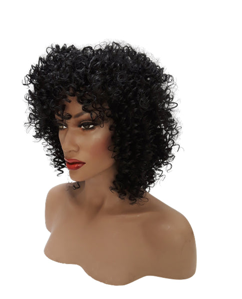 Black Short Kinky Curly Wig Synthetic Afro Full Wigs with Bangs for Black Women Heat Resistant Hair