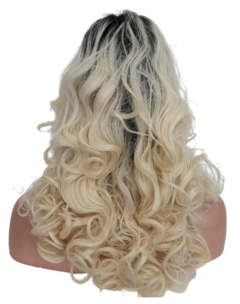 Ombre Blonde Wig, Black Roots Platinum Blonde Curly Wig, Long Heat Resistant Synthetic Wig