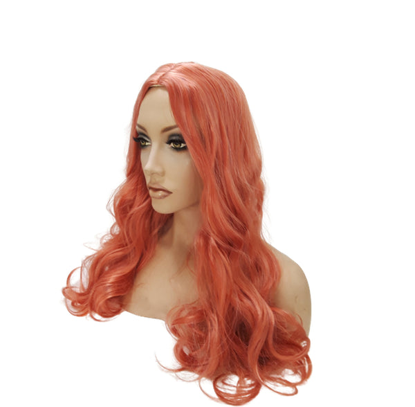 Pink Wavy Wigs for Women Long Curly Rose Gold Middle Part Orange Pink Synthetic Wig for Cosplay Daily Holiday Gift