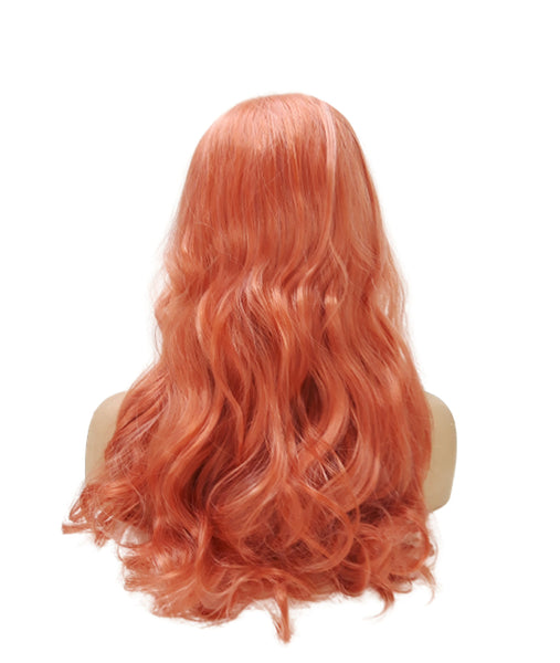 Pink Wavy Wigs for Women Long Curly Rose Gold Middle Part Orange Pink Synthetic Wig for Cosplay Daily Holiday Gift