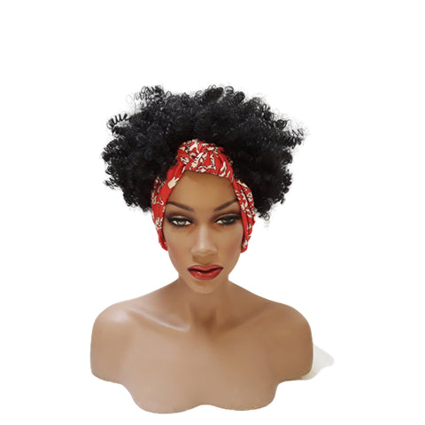 Headband afro wig Adjustable band Red Headwrap with Casual soft  Black Afro Synthetic wig. Daily wear Realistic Natural look Wig