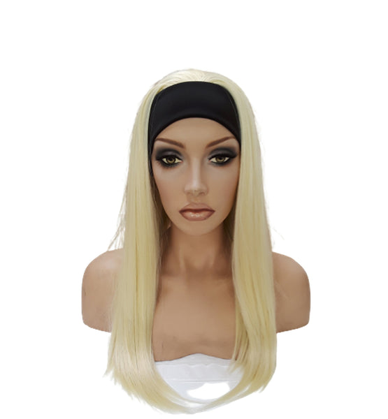 Headband Long Straight Blonde wig Adjustable band black Head Wrap with Casual soft Long Synthetic wig. Daily wear Realistic Natural look Wig