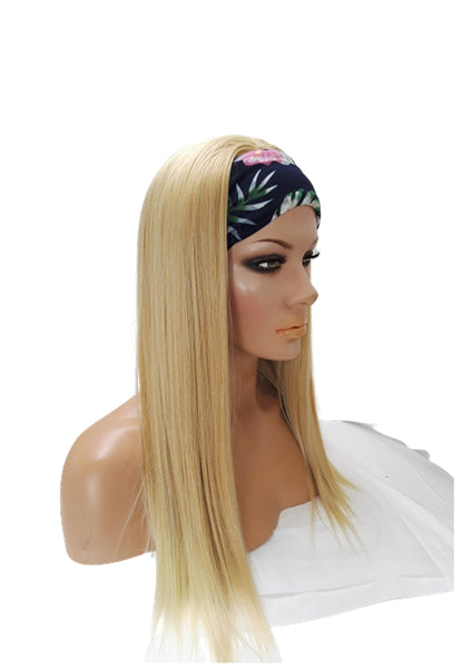 Headband Long Straight Blonde wig Adjustable band black Head Wrap with Casual soft Long Synthetic wig. Daily wear Realistic Natural look Wig