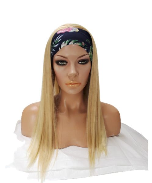 Headband Long Straight Blonde wig Adjustable band black Head Wrap with Casual soft Long Synthetic wig. Daily wear Realistic Natural look Wig