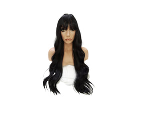 Extra long Black Synthetic Wavy Curly Wig With Skin Top Part Heat Safe