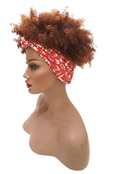 Headband afro wig Adjustable band Red Headwrap with Casual soft Light Brown Afro Synthetic wig. Daily wear Realistic Natural look