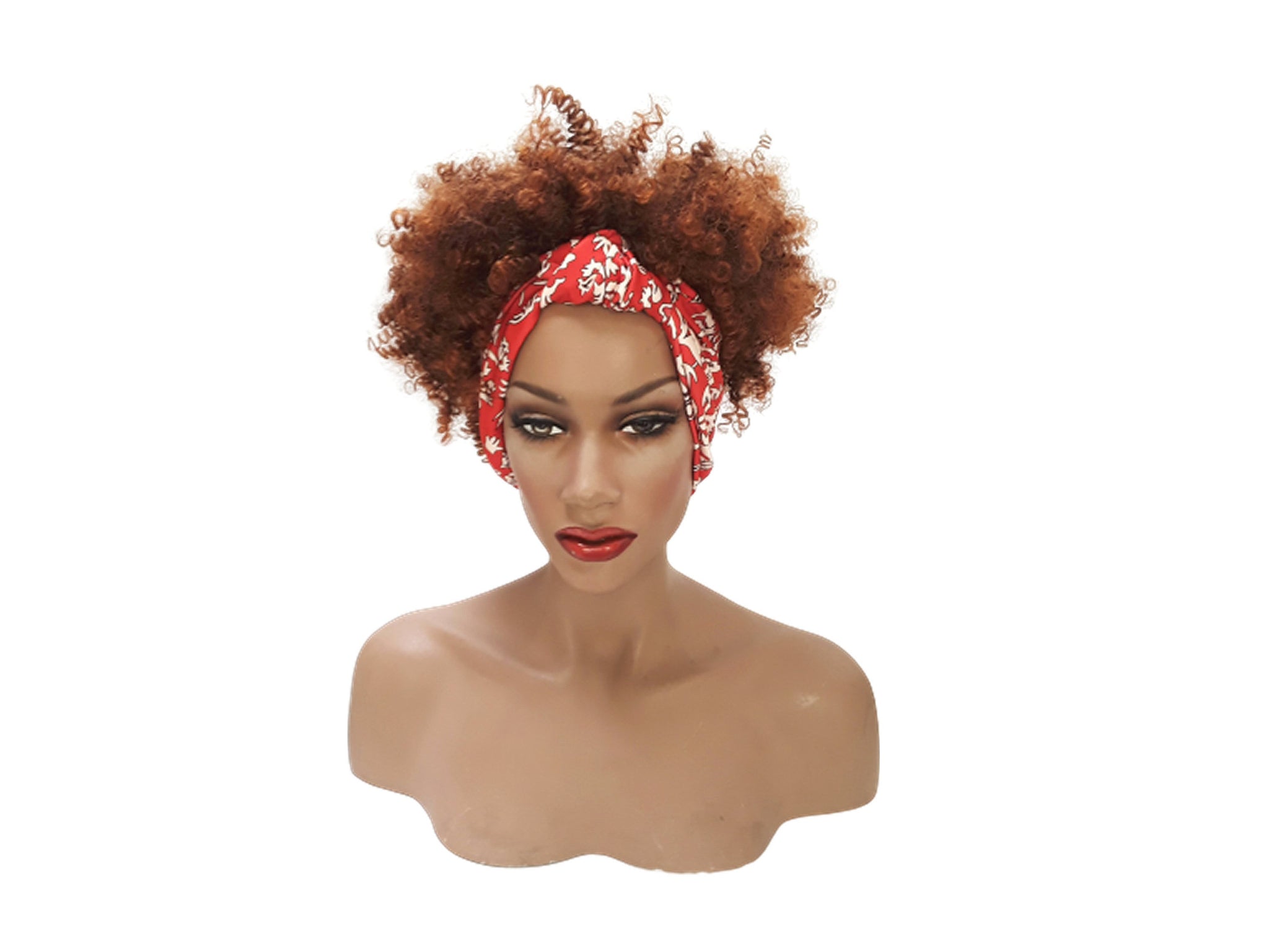 Headband afro wig Adjustable band Red Headwrap with Casual soft Light Brown Afro Synthetic wig. Daily wear Realistic Natural look