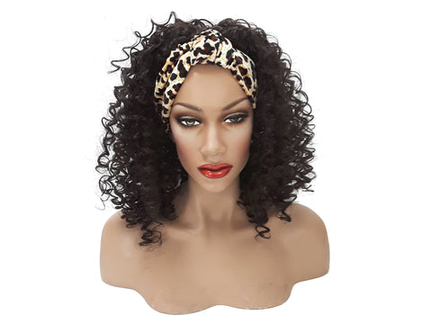 Headband afro wig Adjustable band Leopard Print Headwrap with Casual soft curly Black Synthetic wig. Daily wear Realistic Natural look Wig.