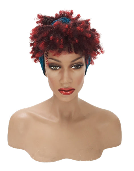 Headband afro wig Adjustable band Blue Headwrap with Casual soft Red Afro Synthetic wig. Daily wear Realistic Natural look Wig