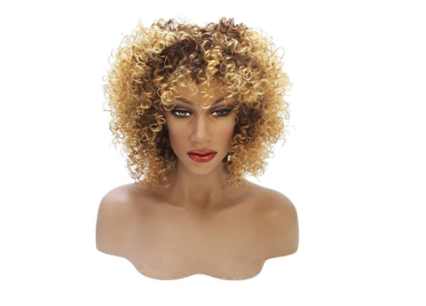 Short Extra Curly Ombre Afro Style Brown Blonde Synthetic Heat Resistant Wig. Stylish Dark roots makes it perfect for natural casual look.