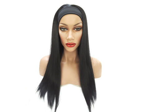 Headband Long Straight Black wig Adjustable band black Head Wrap with Casual soft Long Synthetic wig. Daily wear Realistic Natural look Wig