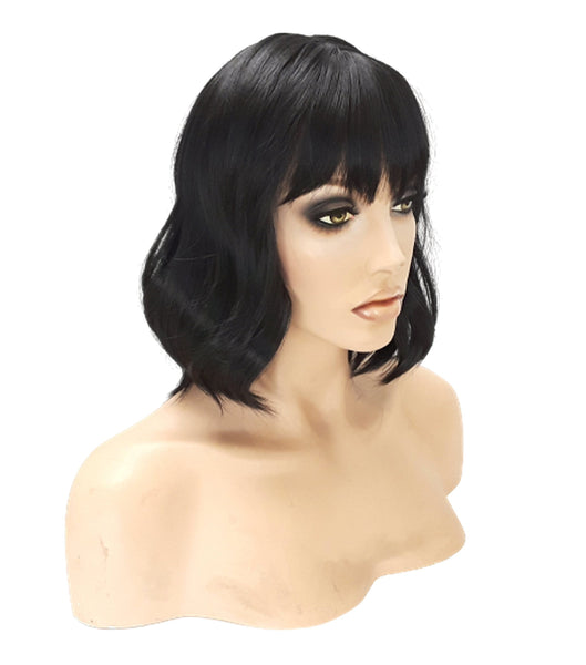 Black Synthetic Wavy Curly Bob Wig with skin top, Short Natural Look Realistic Black Wig, Beauty Luxury Wigs for Everyday Hair Accessories