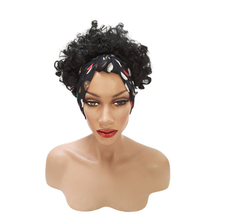 Headband afro wig Adjustable band Red Headwrap with Casual soft Black Afro Synthetic wig. Daily wear Realistic Natural look Wig.