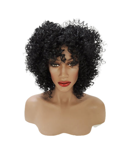 Black Short Kinky Curly Wig Synthetic Afro Full Wigs with Bangs for Black Women Heat Resistant Hair