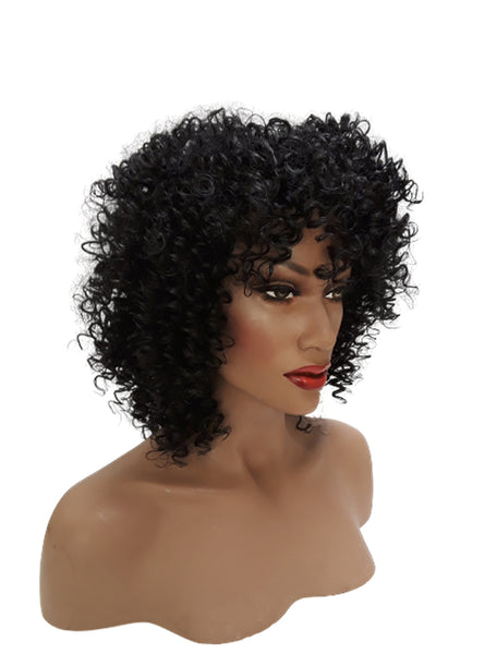 Black Short Kinky Curly Wig Synthetic Afro Full Wigs with Bangs for Black Women Heat Resistant Hair