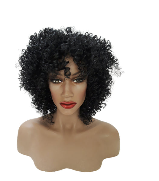 Black Short Kinky Curly Wig Synthetic Afro Full Wigs with Bangs for Black Women Heat Resistant Hair