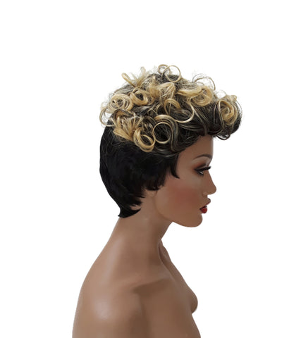 Pixie Cut Curly Blonde and Black Short Synthetic Heat Resistant Wig With Bangs