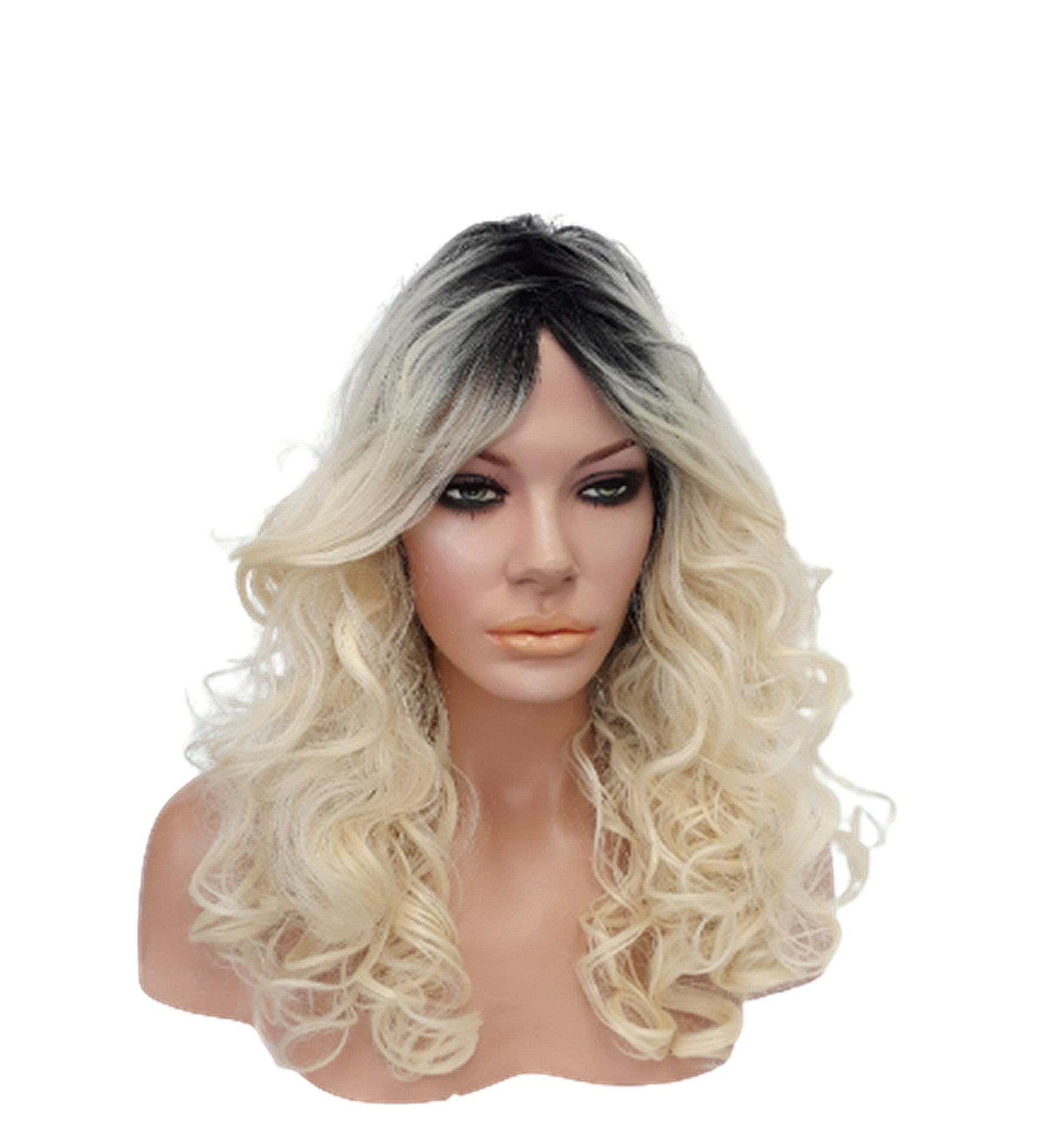 Ombre Blonde Wig, Black Roots Platinum Blonde Curly Wig, Long Heat Resistant Synthetic Wig