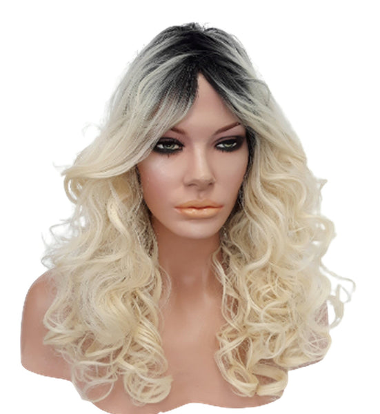 Ombre Blonde Wig, Black Roots Platinum Blonde Curly Wig, Long Heat Resistant Synthetic Wig