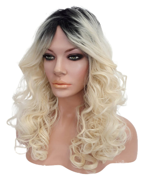 Ombre Blonde Wig, Black Roots Platinum Blonde Curly Wig, Long Heat Resistant Synthetic Wig